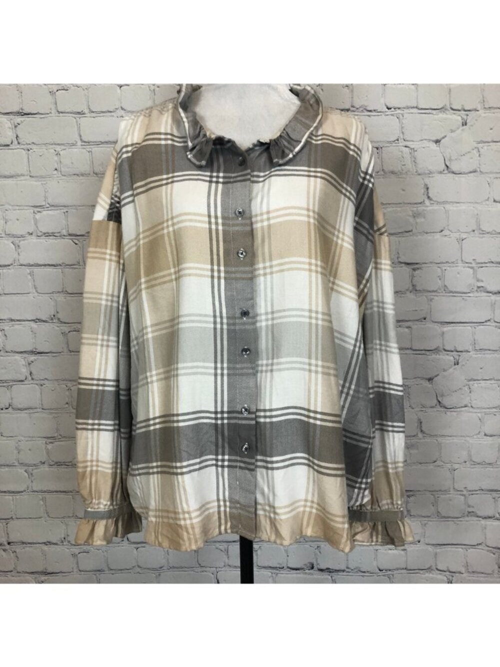 NWT Ann Taylor Gray Tan Plaid Buttondown Shirt Size XL